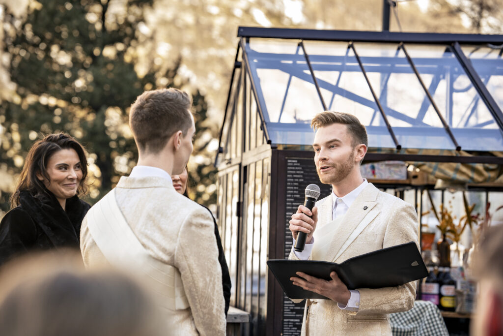 Matt and Brady exchanging vows in an intimate destination wedding ceremony at Cervo Resort in Zermatt, Switzerland surrounded by the stunning Swiss Alps