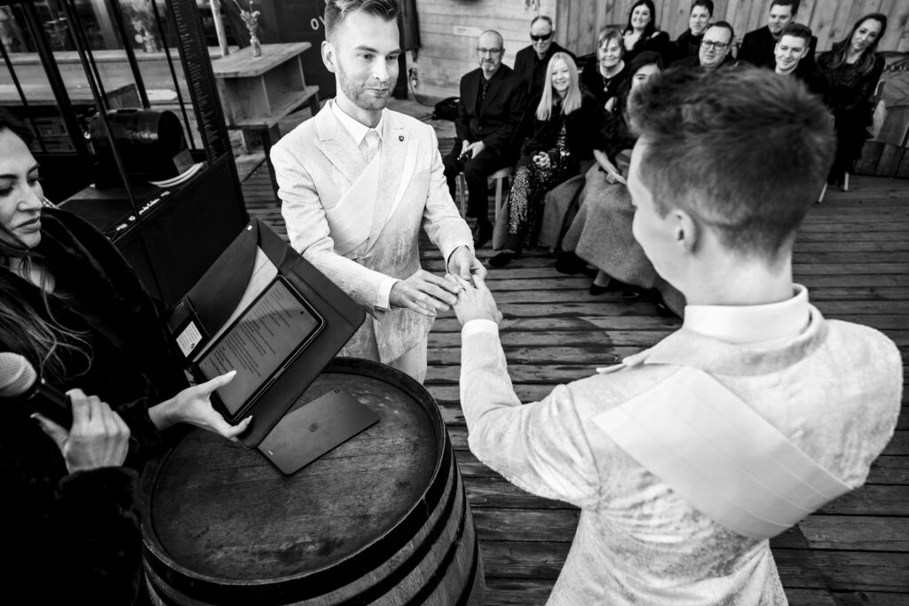 Matt and Brady exchanging vows in an intimate destination wedding ceremony at Cervo Resort in Zermatt, Switzerland surrounded by the stunning Swiss Alps