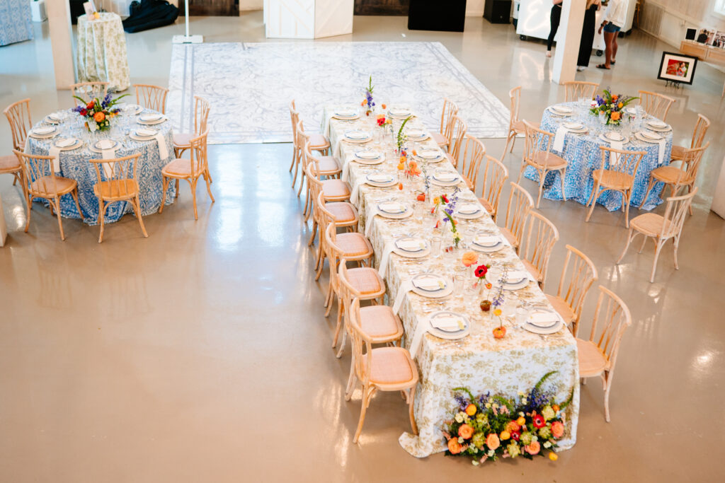 Table display with colorful florals and rentals at One Preston Events Open House