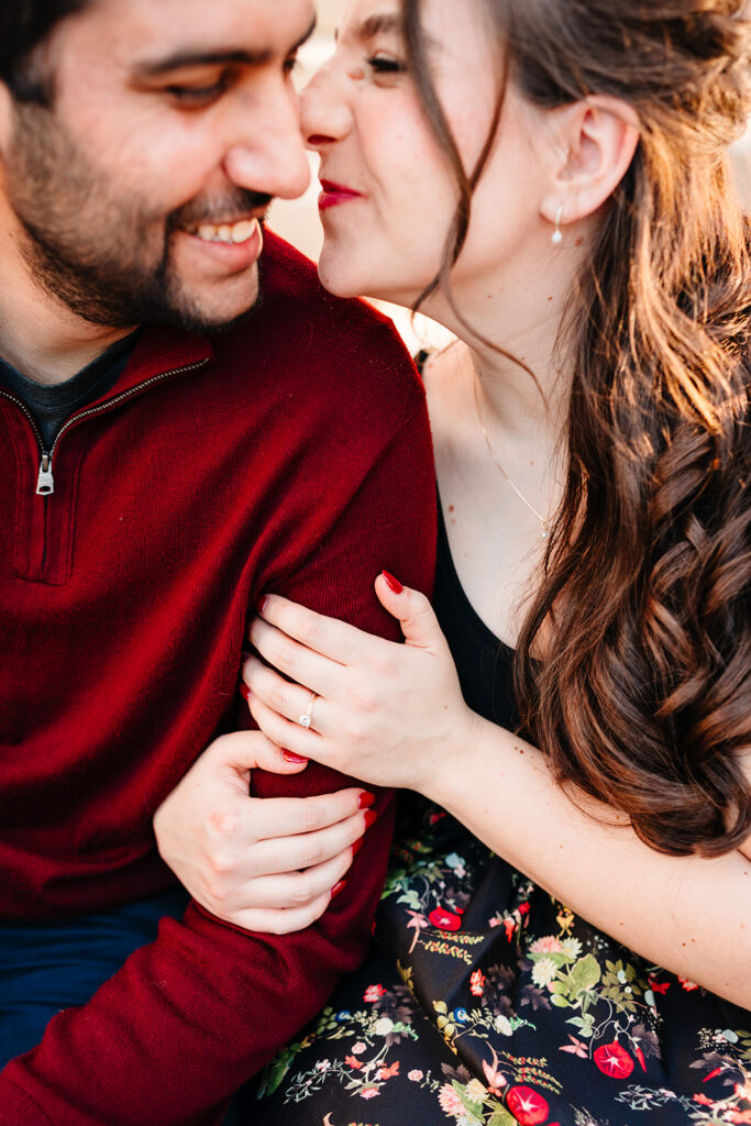 close up of couple embracing in downtown dallas