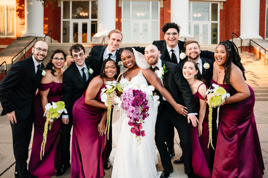 Wedding party group portraits before ceremony at Tyler Street Church