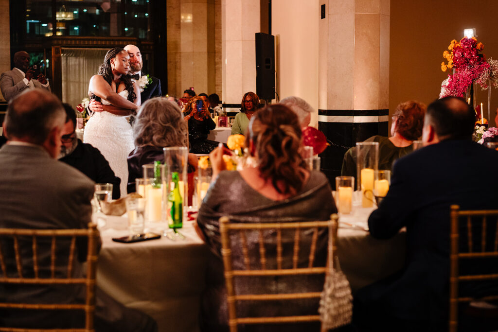 Wedding reception at The Carlisle Room in Dallas with ornate architectural pillars