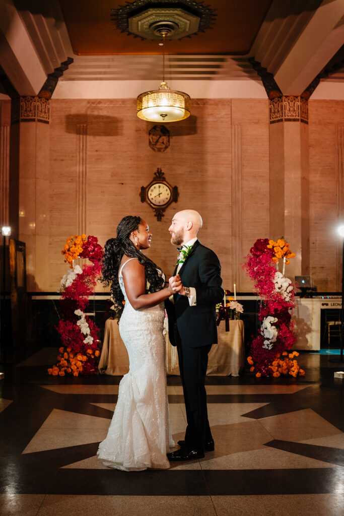 Wedding reception at The Carlisle Room in Dallas with ornate architectural pillars