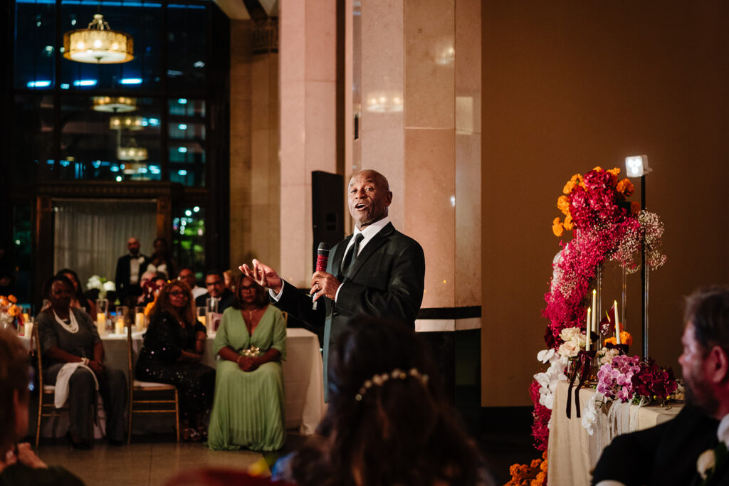 Wedding reception at The Carlisle Room in Dallas with ornate architectural pillars