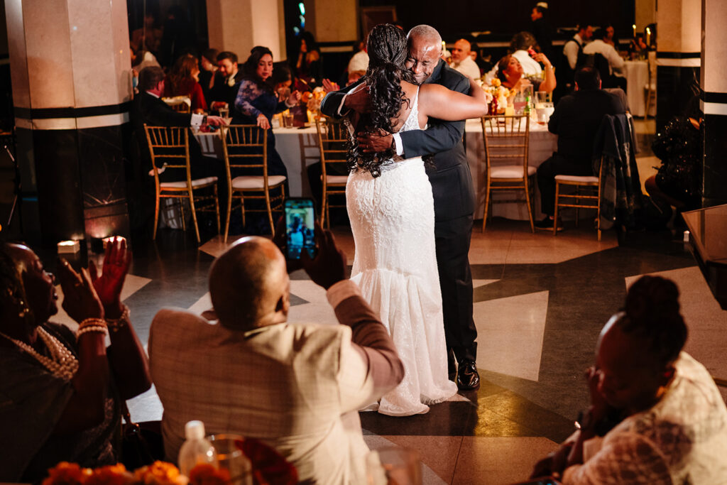 Wedding reception at The Carlisle Room in Dallas with ornate architectural pillars