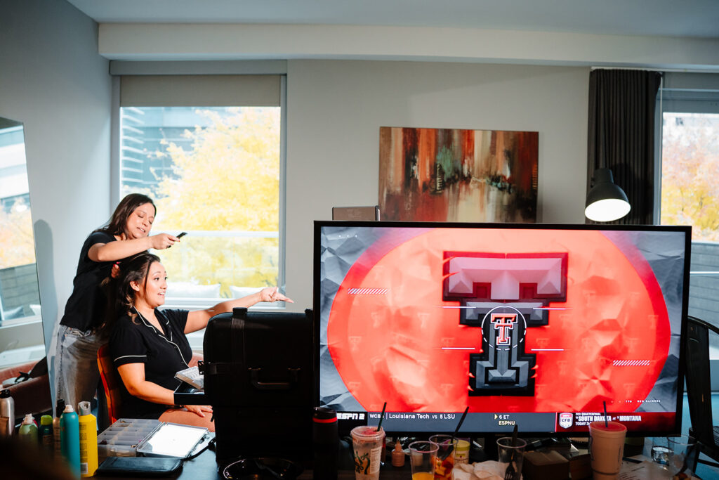 April preparing for her wedding day with bridesmaids in Richardson