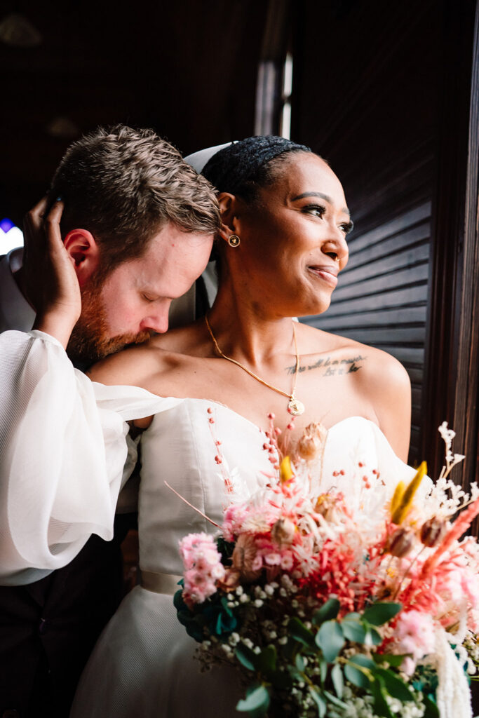 wedding portraits for bride and groom at Historic Frankford Chapel in Dallas by autism friendly wedding photographers the macmeekens