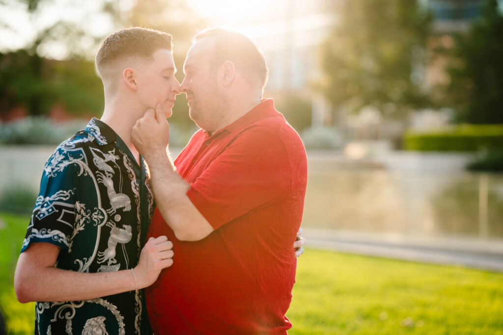 Queer Dallas Engagement Session with Cinematic Skyline Views at Margaret Hunt Hill Bridge