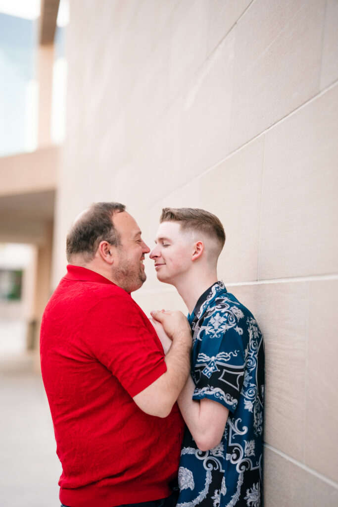 Queer Dallas Engagement Session with Cinematic Skyline Views at Margaret Hunt Hill Bridge