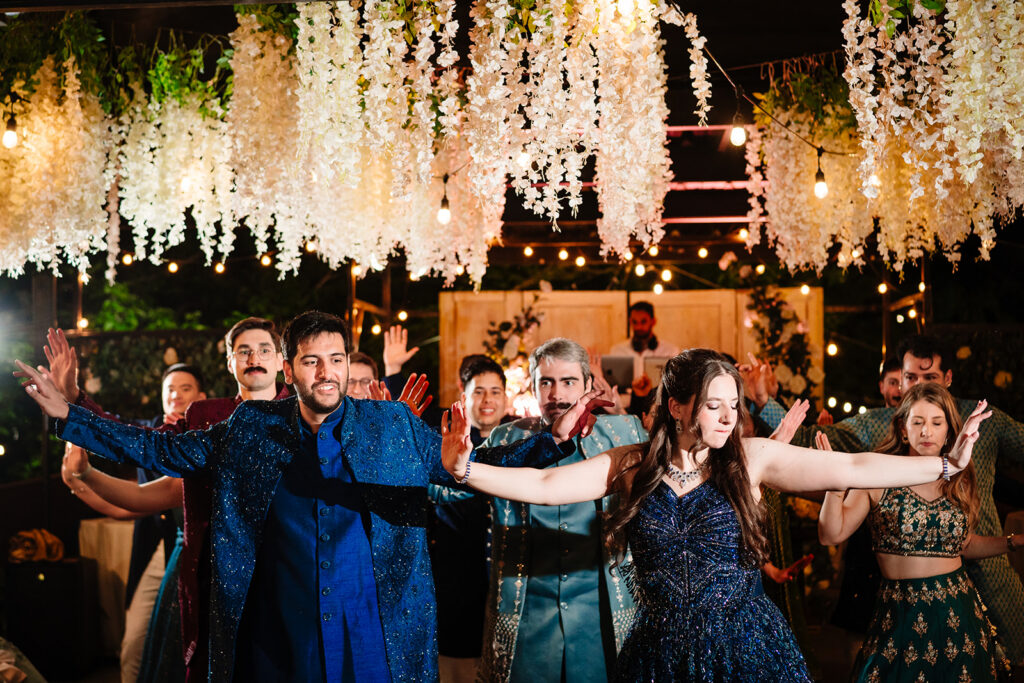 DFW Cinematic Documentary Wedding Photography Multicultural South Asian Muslim Jewish Wedding Sangeet at Arrowwood Weddings and Events in Palmer Texas